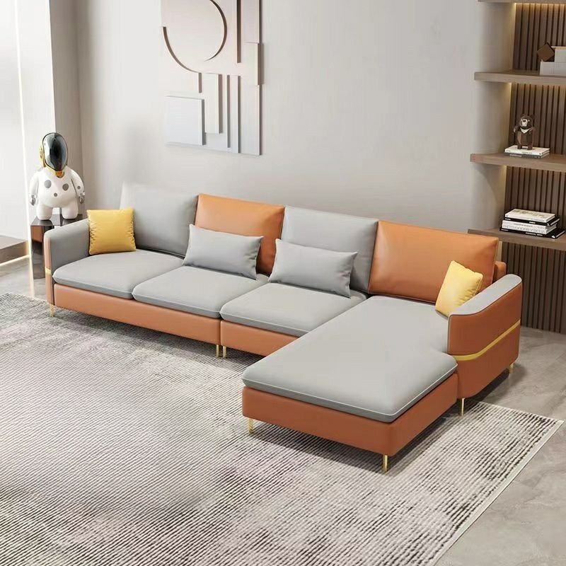 4-Seater Modern Simple Style L-Shape Right Hand Facing Sofa Recliner with Sponge Fill Cushions / Square Arm / Pillow Back, Orange/ Light Gray, Tech Cloth