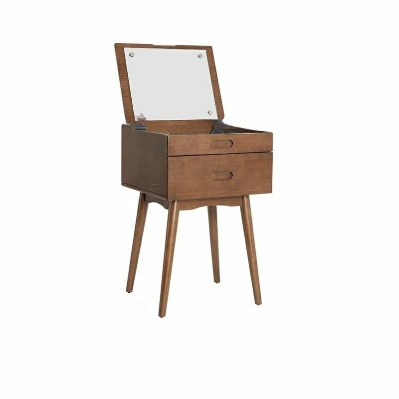 Natural Wood Folding Makeup Vanity Push-Pull with Jewelry Storage and Built In Makeup Vanity No Floating Dressing Table for Bedroom, Nut-Brown