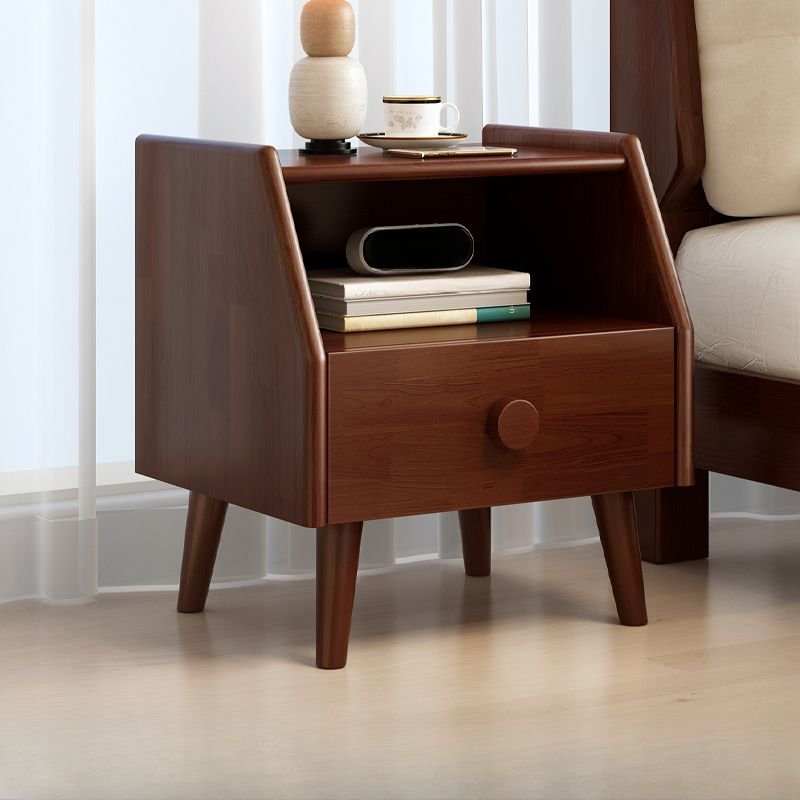 2 Tiers Contemporary Natural Wood Open Storage Nightstand with 1 Drawer, Nut-Brown