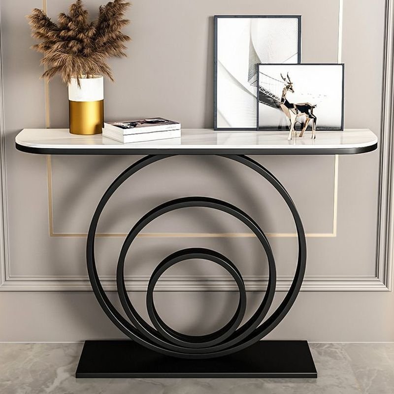 1 Piece Modern Simple Style Half Circle Chalk Scratch Resistant Sintered Stone Abstract Entryway Table, Black, 47"L x 12"W x 31"H