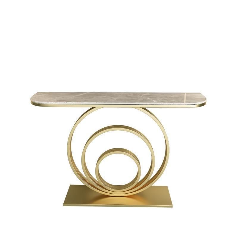 1 Piece Minimalist Demilune Dove Grey Scratch Resistant Sintered Stone Abstract Entry Table, Gold, 39"L x 12"W x 31"H