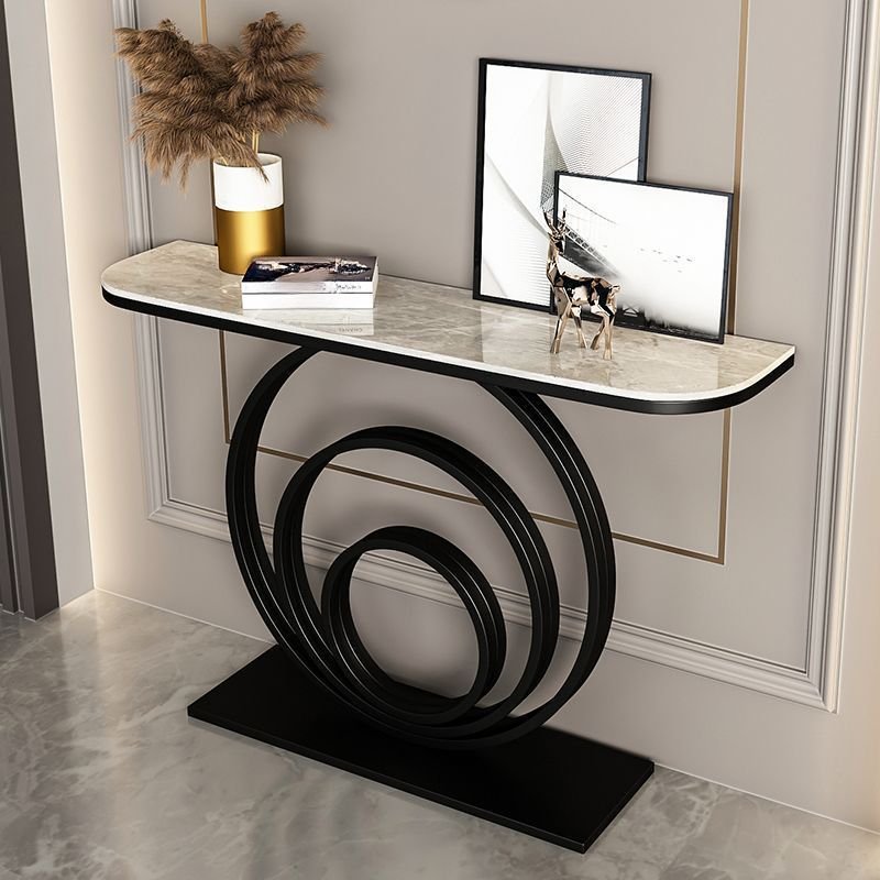 1 Piece Casual Demilune Dove Grey Scratch Resistant Sintered Stone Abstract Console Table, Black, 39"L x 12"W x 31"H