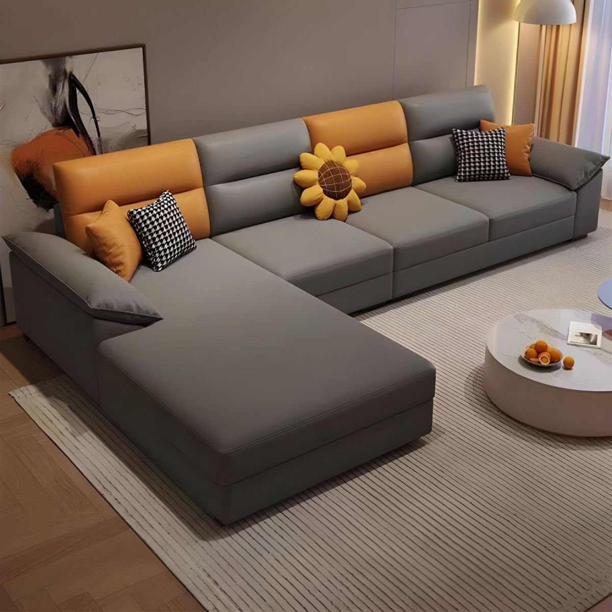 Scandinavian Wood Seats 4 Large (Over 109 in.) Pillow Top Arm Sofa Chaise - Tech Cloth Dark Gray/ Orange Left