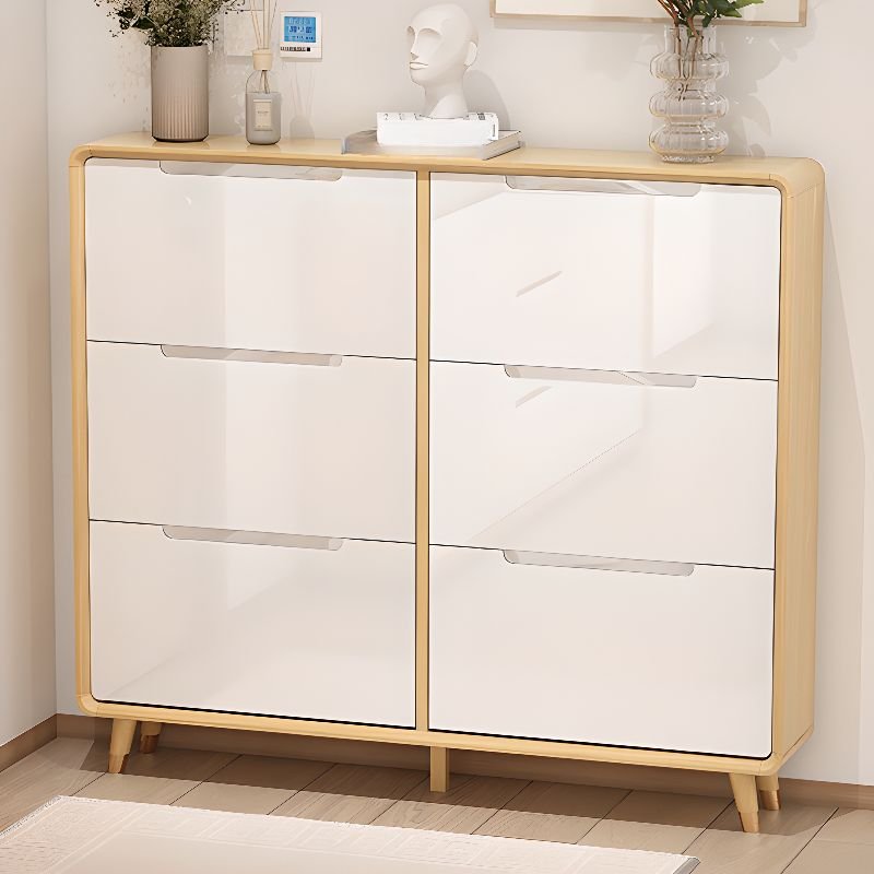 Adult White Solid+ Composite Wood Shoe Displays with Tipping Front, Wall-installed, Cabinet Door, and Adaptable Shelf, 55"L x 10"W x 48"H