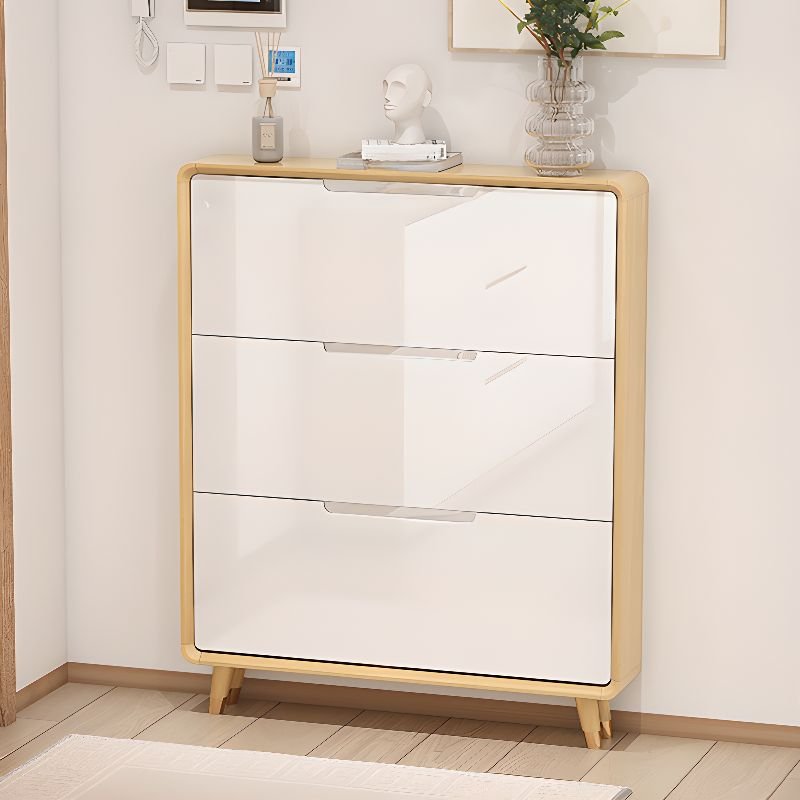 Adult White Solid+ Composite Wood Shoe Displays with Tipping Front, Wall-installed, Cabinet Door, and Adaptable Shelf, 39"L x 7"W x 48"H