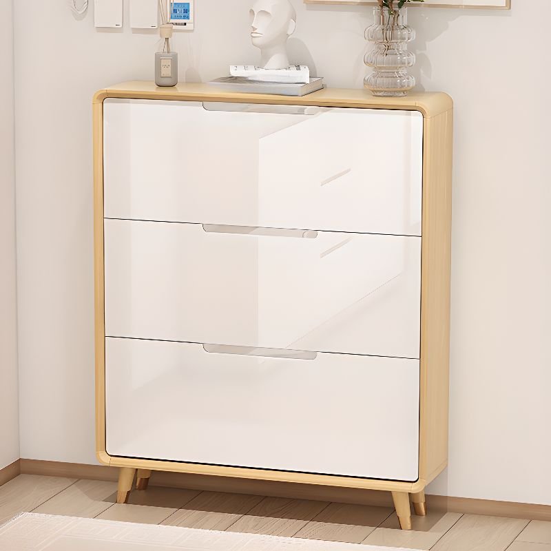 Adult White Solid+ Composite Wood Shoe Displays with Tipping Front, Wall-installed, Cabinet Door, and Adaptable Shelf, 39"L x 10"W x 48"H