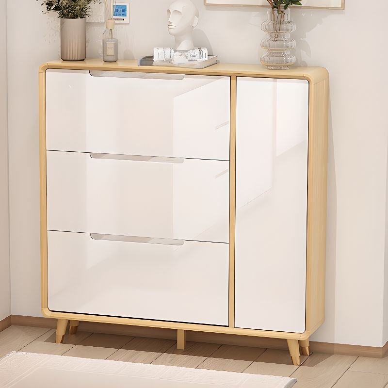 Adult White Solid+ Composite Wood Shoe Displays with Tipping Front, Wall-installed, Cabinet Door, and Adaptable Shelf, 47"L x 10"W x 48"H