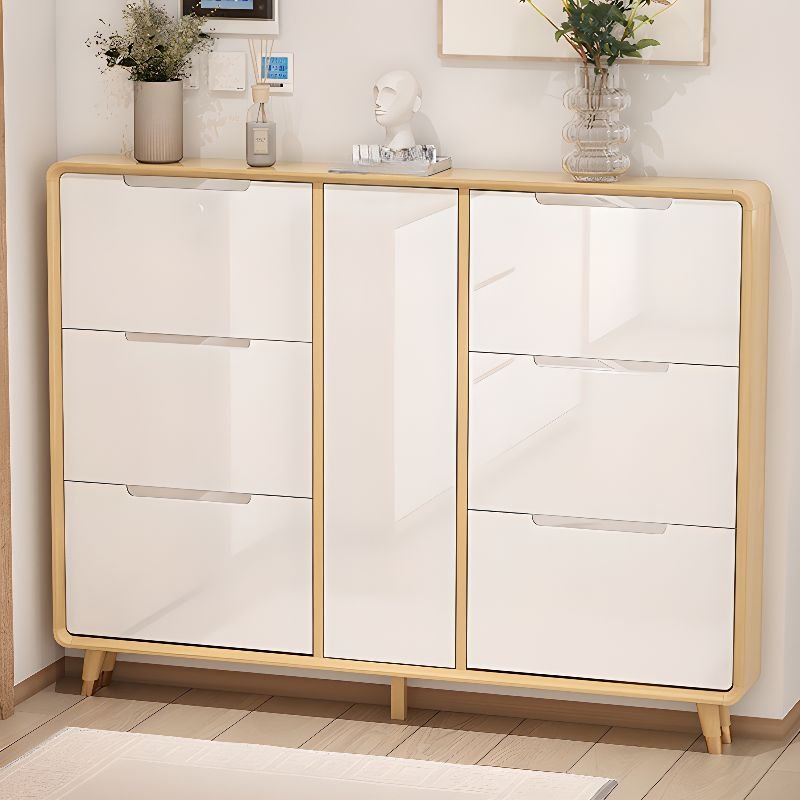 Adult White Solid+ Composite Wood Shoe Displays with Tipping Front, Wall-installed, Cabinet Door, and Adaptable Shelf, 63"L x 7"W x 48"H