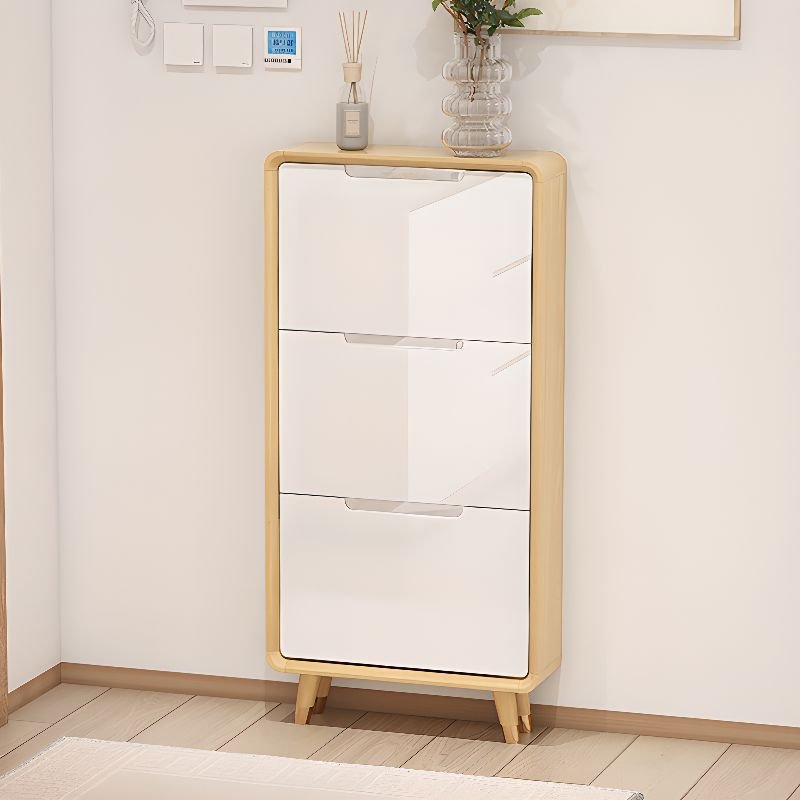 Adult White Solid+ Composite Wood Shoe Displays with Tipping Front, Wall-installed, Cabinet Door, and Adaptable Shelf, 24"L x 7"W x 48"H