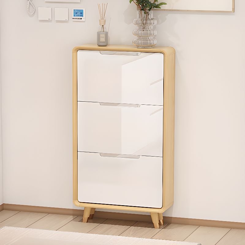 Adult White Solid+ Composite Wood Shoe Displays with Tipping Front, Wall-installed, Cabinet Door, and Adaptable Shelf, 31"L x 7"W x 48"H