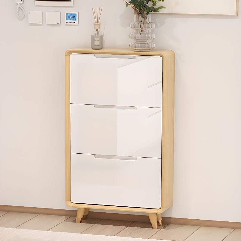 Adult White Solid+ Composite Wood Shoe Displays with Tipping Front, Wall-installed, Cabinet Door, and Adaptable Shelf, 31.5"L x 9.8"W x 48.4"H