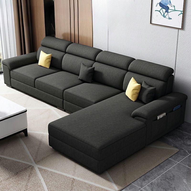 L-Shape Right Hand Facing Sofa Chaise & Sofa with Concealed Support, Dark Gray, 138"L x 71"W x 37"H, Cotton and Linen