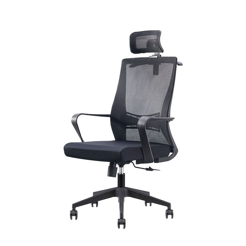Ergonomic Lumbar Support Rotatable Lifting Black Upholstered Task Chair with Rollers, Fixed Arms and Headrest in a Modern Simple Style, Casters Included