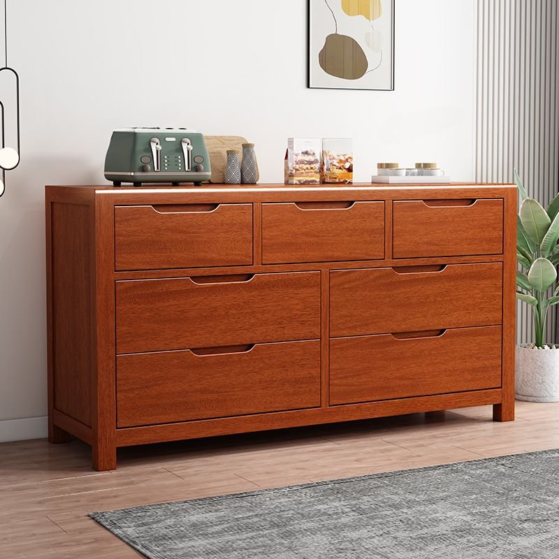 Art Deco Horizontal Timber Console Dresser with 7 Drawers Sleeping Quarters, Medium Wood, 59"L x 18"W x 29.5"H