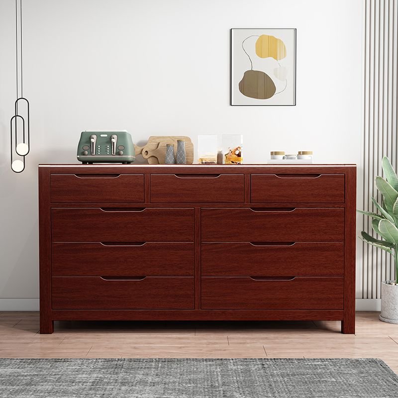 Art Deco Horizontal Lumber Double Dresser with 9 Drawers Sleeping Room, Red Brown, 53"L x 18"W x 30"H