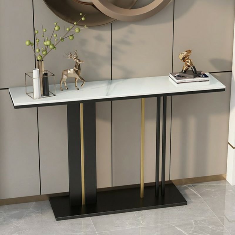 Stylish Rectangular White Stone Top Top Standing Foyer Table 1 Piece with Abstract Base, 31"L x 12"W x 31"H