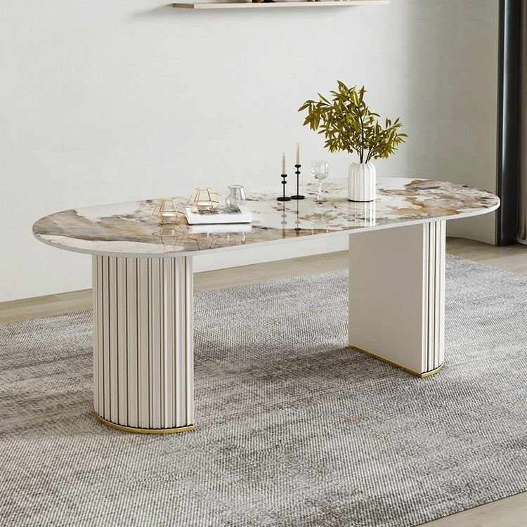 Art Deco Double Pedestal Base Elliptical Stone Top Dining Table Set for 6, 1 Piece, 63"L x 31.5"W x 29.5"H, Pandora, Table