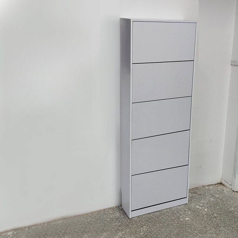Adult White Manufactured Wood Shoe Tower with Tipping Front, Wall-installed, Door, and Variable Shelf, 20"L x 7"W x 67"H