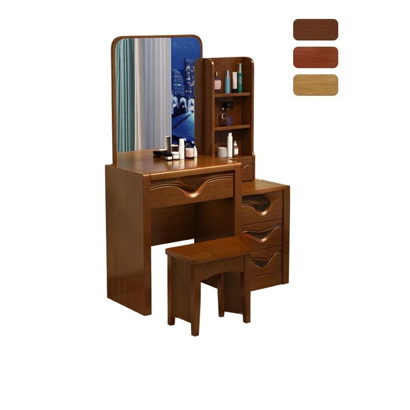 Natural Wood Push-Pull No Floating Flooring Vanity with Tabletop Storage for Sleeping Quarters, Makeup Vanity & Stools, Walnut, 41.3"L x 16.5"W x 59.8"H