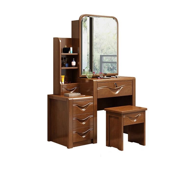 Natural Wood Push-Pull No Floating Flooring Vanity with Tabletop Storage for Sleeping Quarters, Makeup Vanity & Stools, Walnut, 40"L x 18"W x 59"H