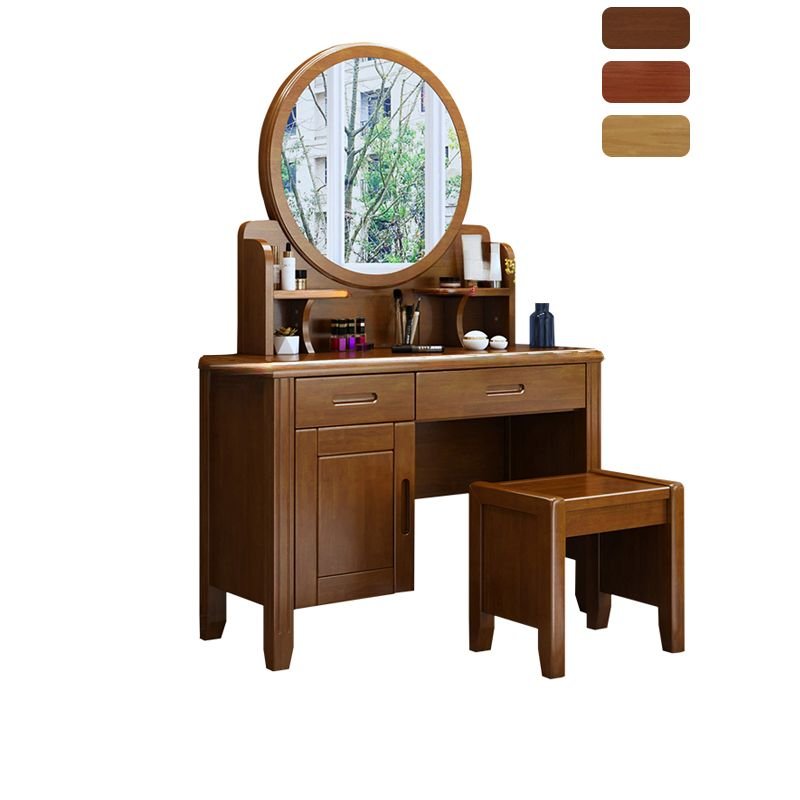 Natural Wood Push-Pull No Floating Flooring Vanity with Tabletop Storage for Sleeping Quarters, Makeup Vanity & Stools, Walnut, 42"L x 16"W x 61"H