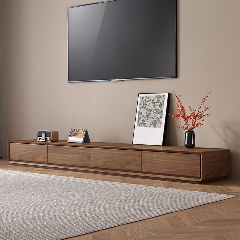 Modern Simple Style Rectangle Sand TV Stand in Composite Wood with 4-Drawer and Cable Management, Nut-Brown, 94.5"L x 16"W x 14"H