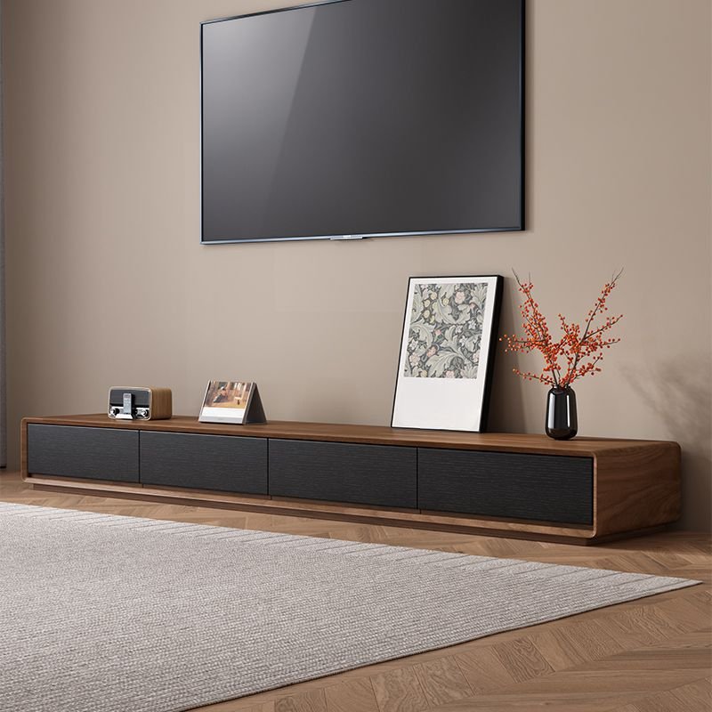 Simplistic Rectangular Natural TV Stand in Engineered Wood with 4 Drawers and Cable Management, Walnut/ Black, 87"L x 16"W x 10"H