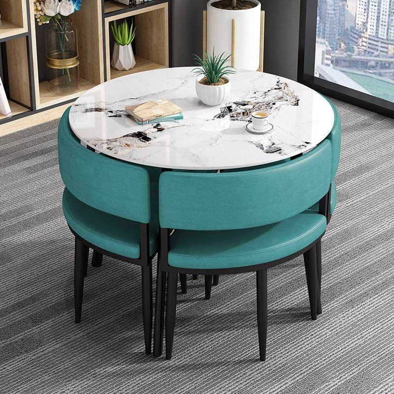 5 Piece Set Circular-shaped Dining Table Set with a Chalk Slate Tabletop, Back and Cushion Chair for Seats 4, Table & Chair(s), Lake Blue