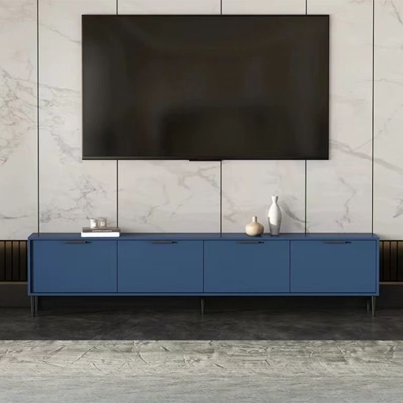 4 Cabinets Modish Rectangular Azure Timber TV Stand with Cable Management, 71"L x 12"W x 19"H