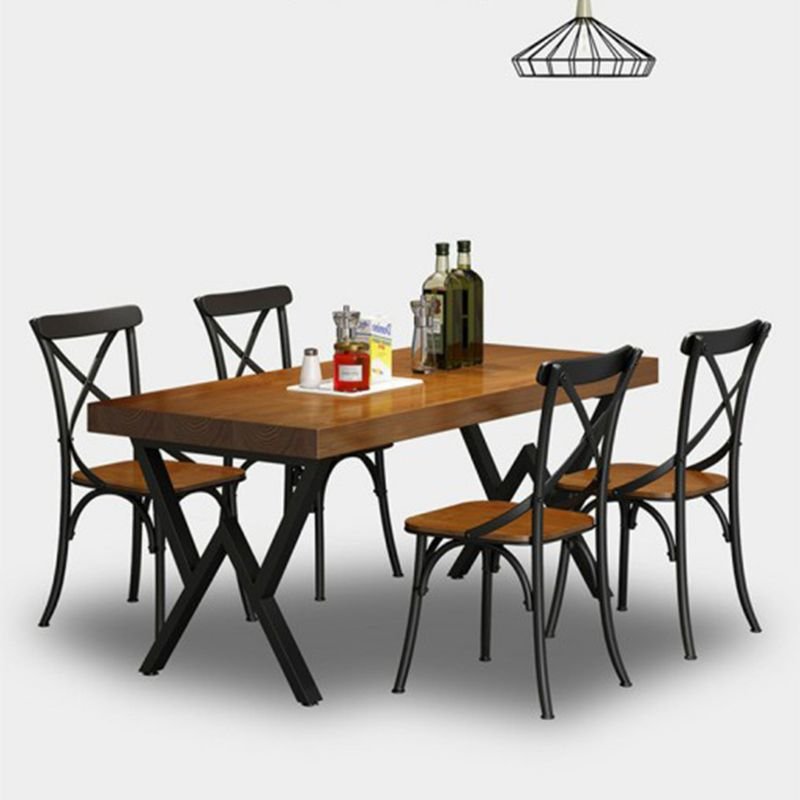 Antique Dining Table Set in Coffee Wood with a Natural Solid Wood Tabletop and Cross Back Chairs for Seats 4, 5 Piece Set, 55.1"L x 27.6"W x 29.5"H, 35.4"H x 17.7"W x 17.7"D, Table & Chair(s)