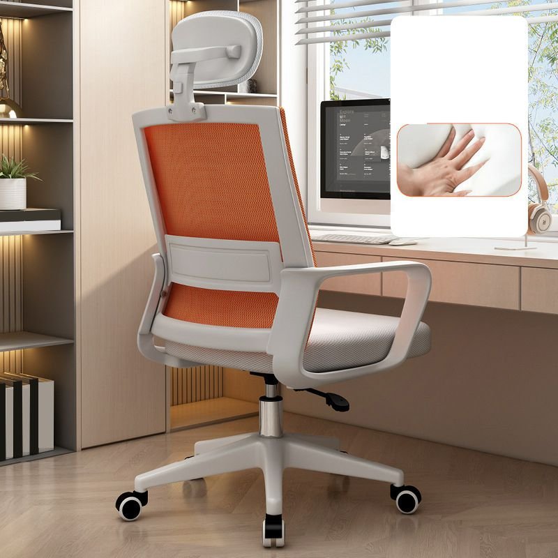 Minimalist Ergonomic Upholstered Task Chair in Dove Grey with Arms, Headrest and Lumbar Support, Orange, White, Sponge