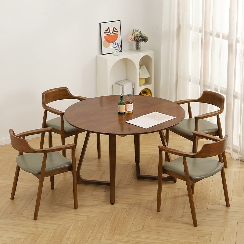 Shaker Fixed Round Dining Table Set with Sled Base, a Brown Natural Solid Wood Tabletop and Back, Table & Chair(s), 5 Piece Set, 47.2"L x 47.2"W x 29.5"H, Walnut