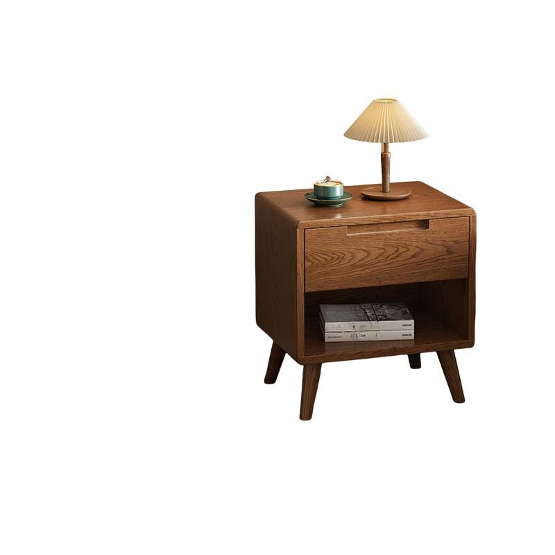 2 Tiers Minimalist Rubberwood Open Shelf Nightstand with 1 Drawer, Nut-Brown, 18"L x 16"W x 20"H