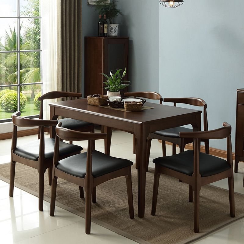 Art Deco Rectangle Dining Table Set in Espresso Wood with a Tabletop in Natural Wood and Back Chairs for Seats 6, Table & Chair(s), 7 Piece Set, 47.2"L x 27.6"W x 29.5"H, Nut-Brown