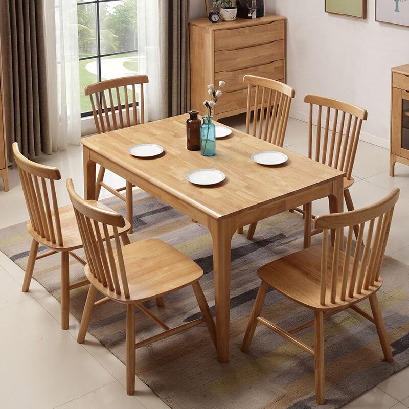 Art Deco Rectangle Dining Table Set in Amber Wood with a Tabletop in Natural Wood and Windsor Back Chairs for 6 Chairs, Table & Chair(s), 7 Piece Set, 59.1"L x 31.5"W x 29.5"H, Natural Finish