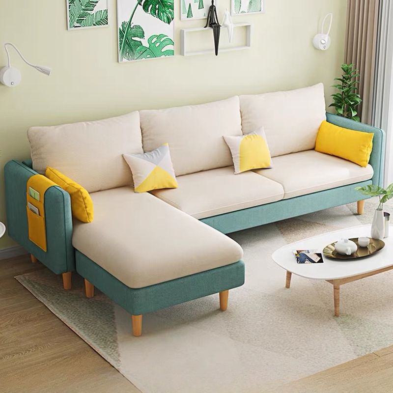 L-Shape Reversible Sofa Chaise with Natural Wood Frame, Cotton and Linen, Green/ Beige, 69"L x 49"W x 28"H