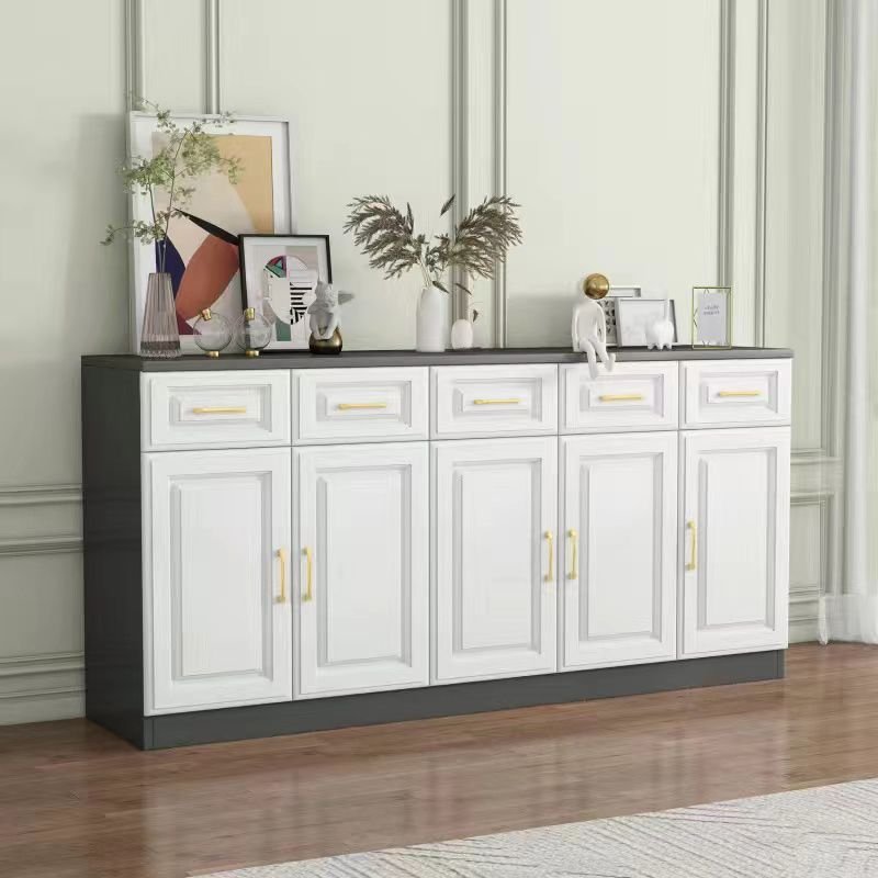 16'' Wide Standalone Sideboard in Slab for Parlor with 5 Doors and 5 Drawers, Gray-White, 79"L x 16"W x 35"H