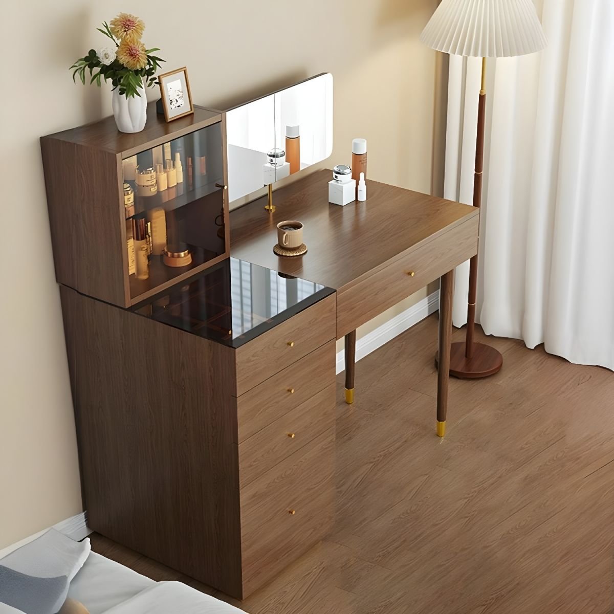 Modern Standard Timber Dressing Table Cocoa with Adjustable Mirror, Makeup Vanity & Mirror