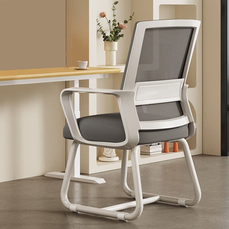 Art Deco Ergonomic Upholstered Study Chair in Light Gray with Arms and Lumbar Support, Casters Not Included, White-Gray, Sponge, Without Headrest