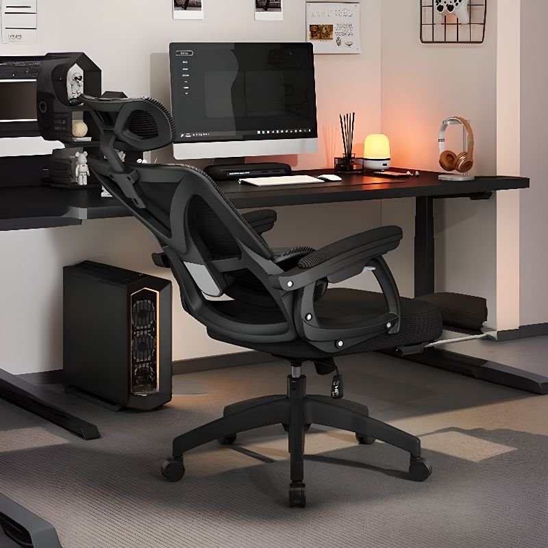 Charcoal Office Chairs with Headrest, Lumbar Support and Tilt Available, Roller Wheels and Leg Rest and Adjustable Back Angle, Black