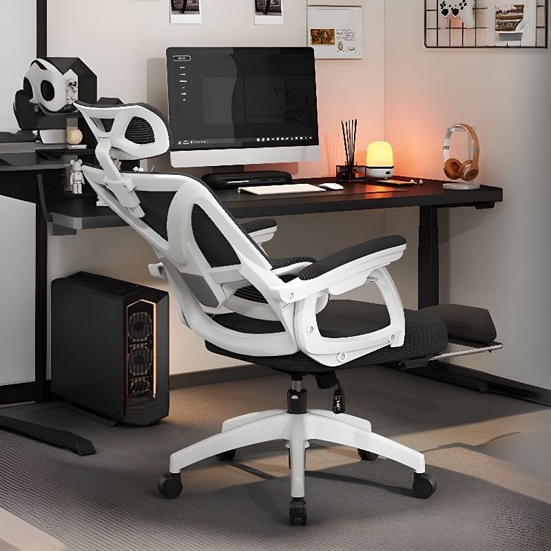 Charcoal Task Chair with Headrest, Lumbar Support and Tilt Available, Swivel Wheels and Foot Support and Adjustable Back Angle, Black, White
