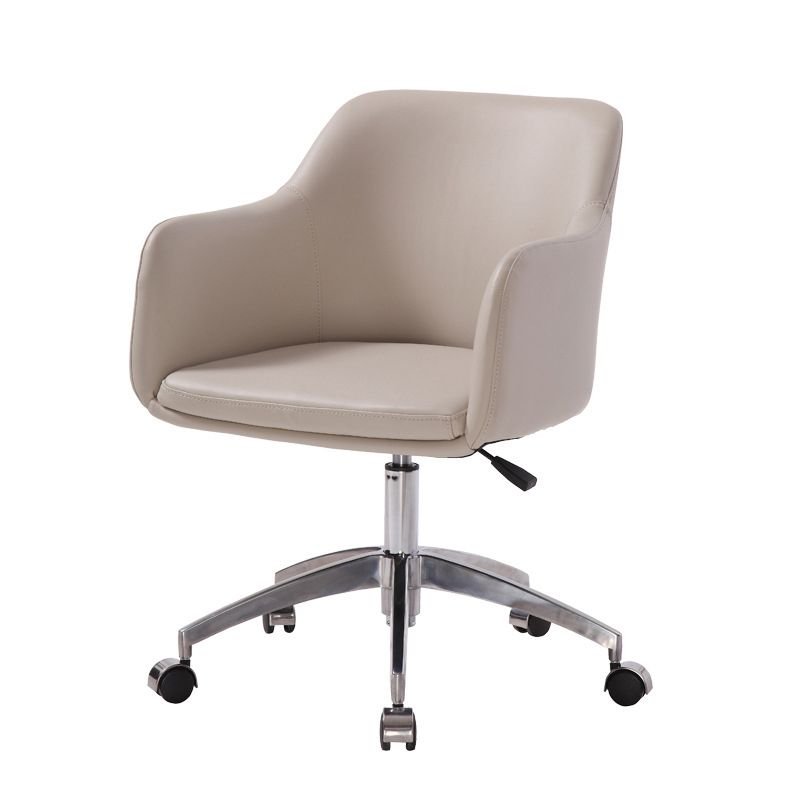 Minimalist Ergonomic Cream Faux Leather Study Chair with Fixed Arms and Rollers, Faux Leather