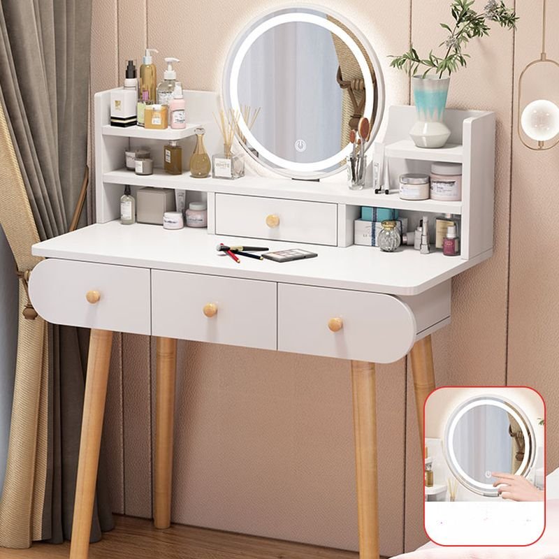 Adjustable Touch LED Reclaimed Wood Makeup Vanity Flooring with Tabletop Storage, Push-Pull, No Floating, Lighted Mirror, White, 39"L x 16"W x 47"H