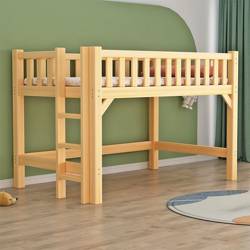 Unfinished Color High Bed Frame Wooden Frame with Safety Guardrail for Living Room, 31"W x 75"L