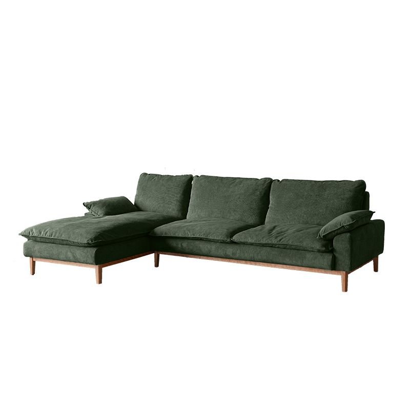 Scandinavian Green L-Shape Left Hand Facing Sofa Chaise with Natural Wood Frame, 110"L x 65"W x 30"H, Corduroy