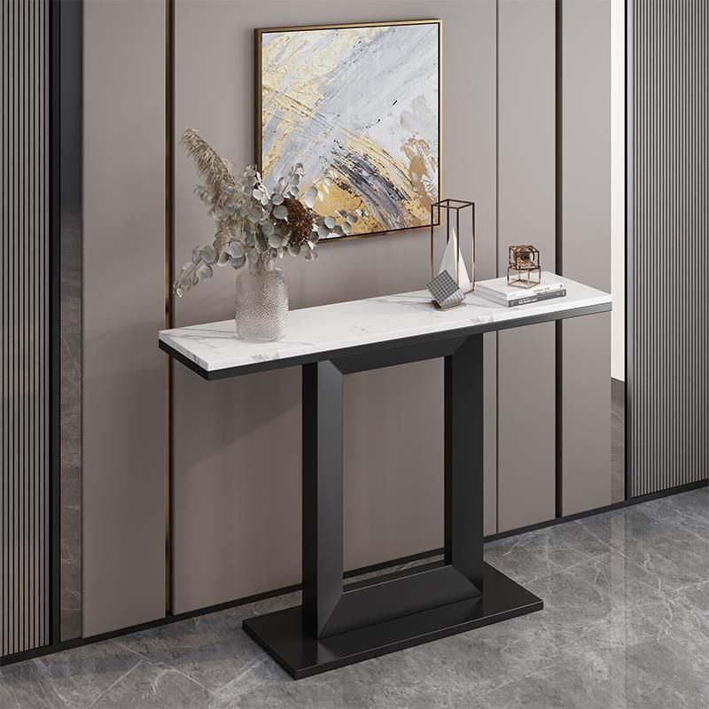 1 Piece Modish Rectangle Faux Marble Hallway Table in Ivory with Scratch Resistant and Abstract Base, Black, 63"L x 12"W x 31"H