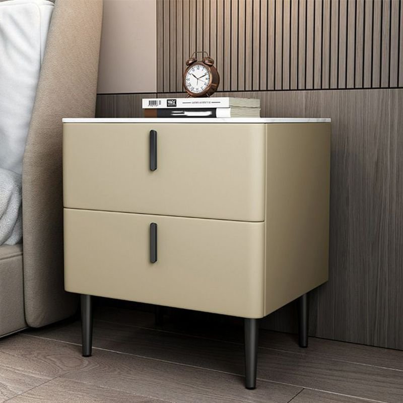 2 Drawers Contemporary Sintered Stone Drawer Storage Bedside Table with Leg, Beige, 20"L x 16"W x 19"H