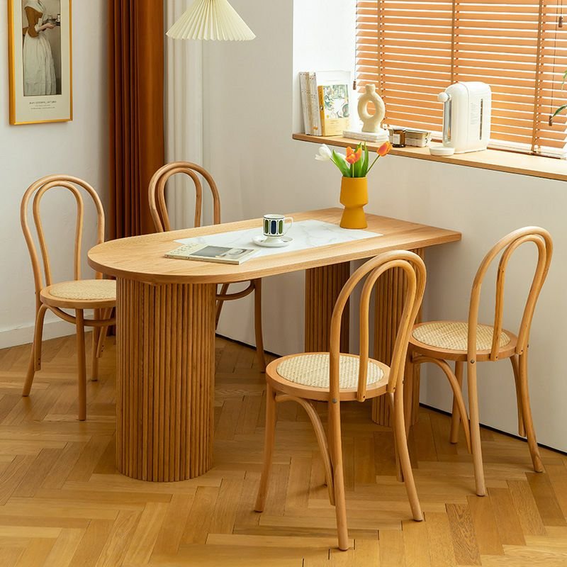 Art Deco Dining Table Set with a Solid Pine Natural Tabletop, Slat Back and 3 Legs, Table & Chair(s), 5 Piece Set, 70.9"L x 27.6"W x 29.5"H