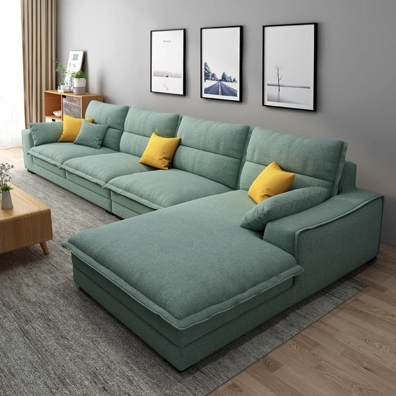 Green L-Shape Right Sofa Recliner with Pine Frame & Concealed Support, Cotton and Linen