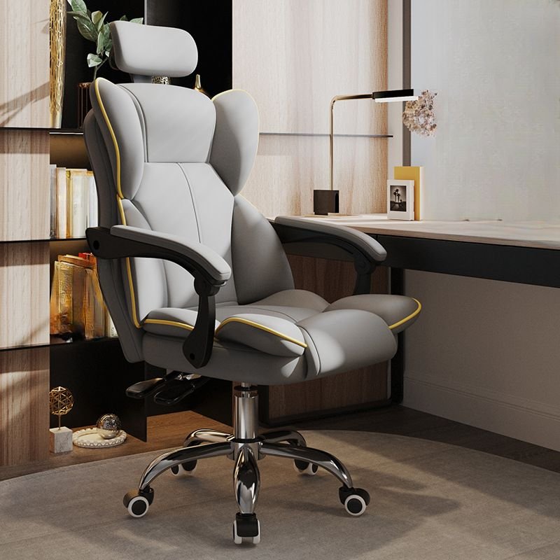 Ergonomic Tilt Available Dove Grey Swivel Lifting Faux Leather Studio Chairs with Headrest, Armrest and Caster Wheels, Gray/ Yellow, Without Footrest, Sponge